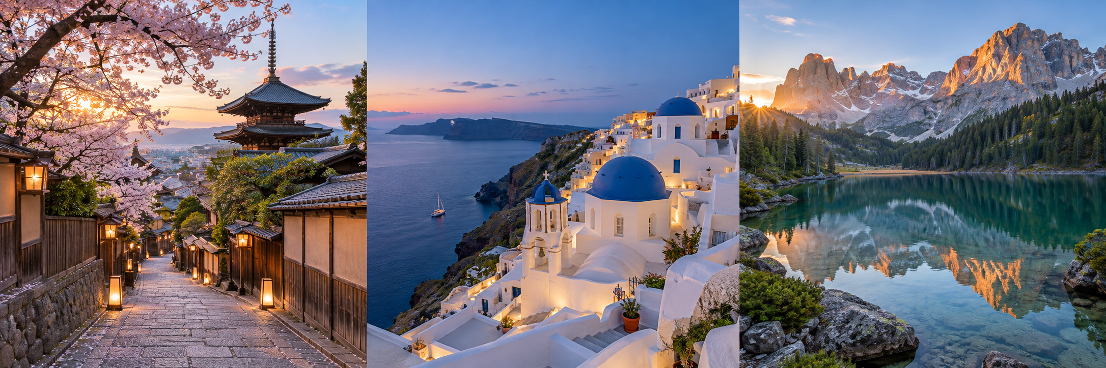 Kyoto in spring, Santorini at blue hour, and Italy's Dolomites at sunrise.
